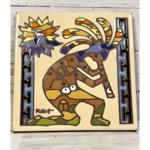 Vintage Kokopelli Native Folk Art Tile Signed KRit 1999 Tucson AZ Southwest 6x6
